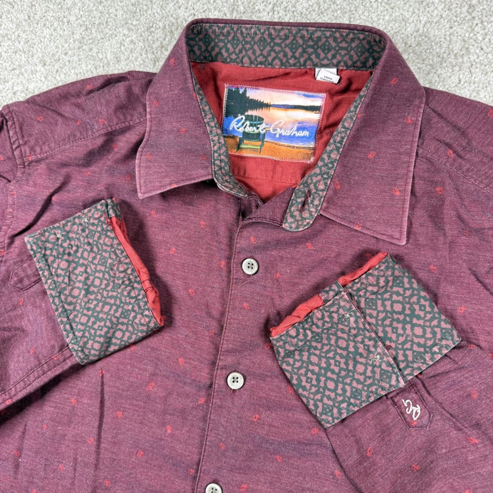Robert Graham Button Front Shirt Mens L Burgundy Classic Fit Flip Cuff Cotton